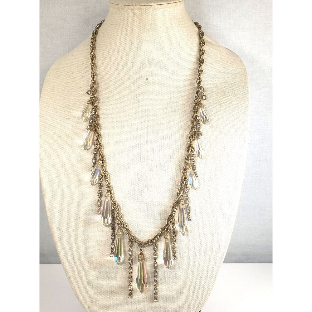 Vintage ANN Taylor Aurora Borealis Bead Dangle Prizm Crystal Gold Tone Necklace